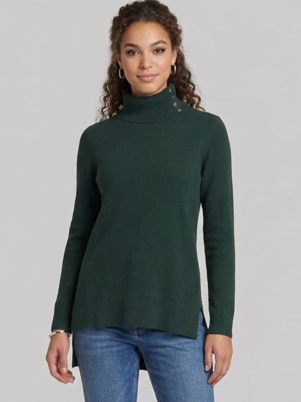 Calvin Klein Forest Green High-Low Button Turtleneck Sweater